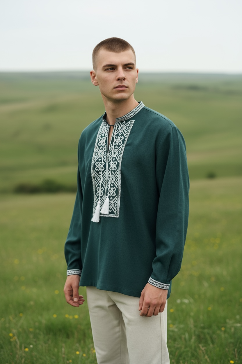 Men’s Linen Dark Green Vyshyvanka With Traditional Embroidery Long Sleeve
