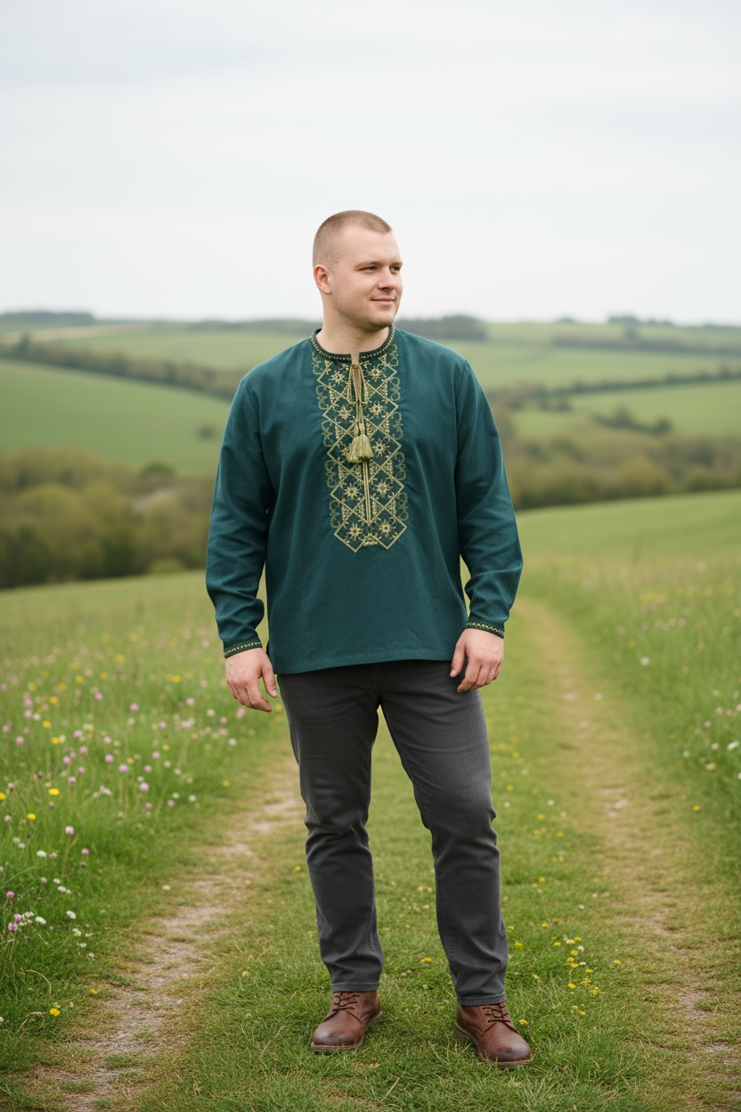 Men’s Linen Dark Green Vyshyvanka With Traditional Embroidery Long Sleeve