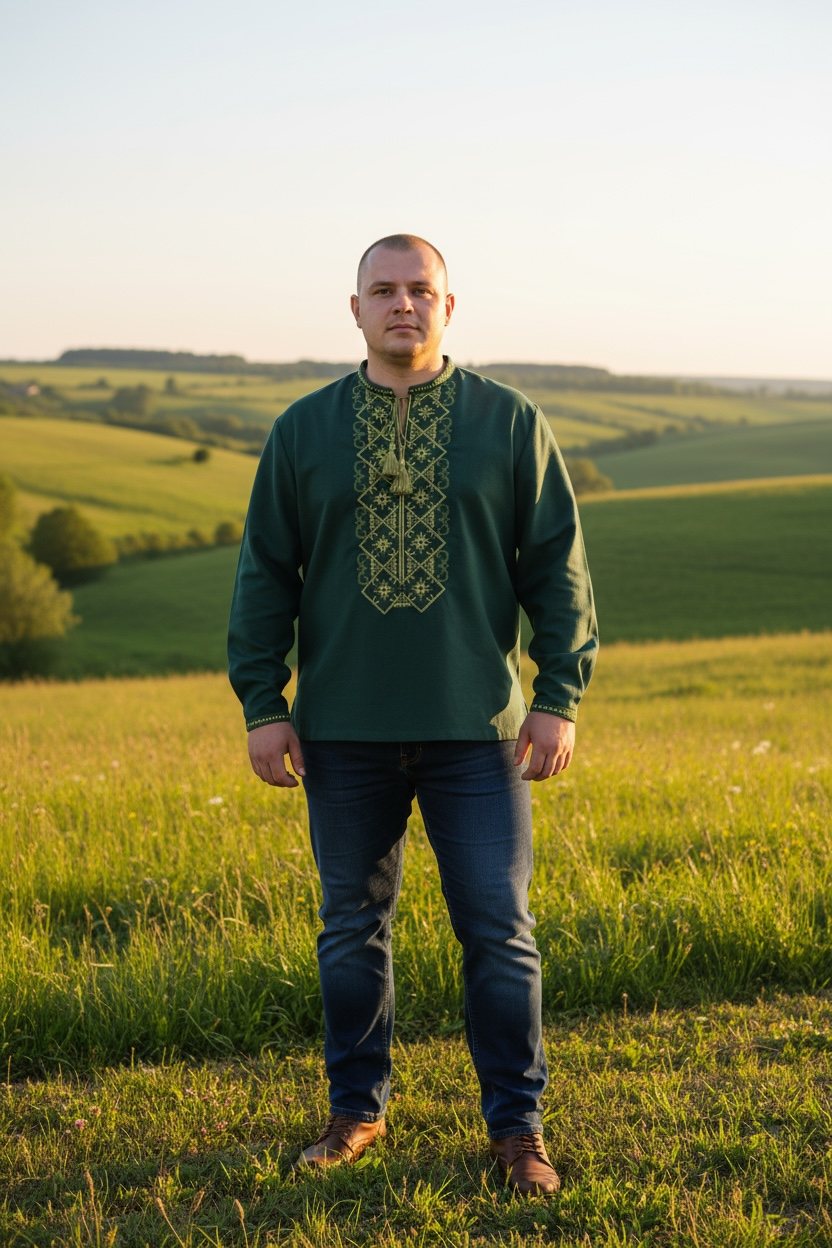 Men’s Linen Dark Green Vyshyvanka With Traditional Embroidery Long Sleeve