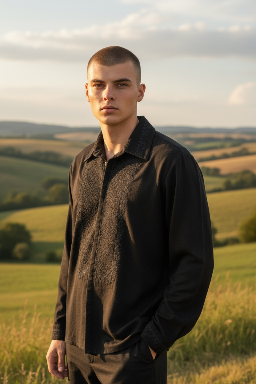 Men’s Linen Black Vyshyvanka With Traditional Embroidery Long Sleeve