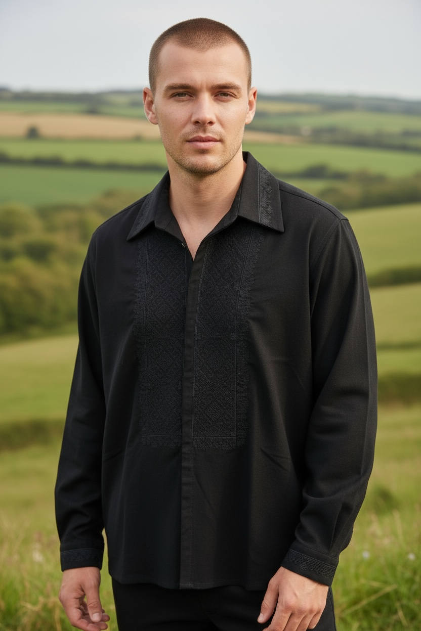 Men’s Linen Black Vyshyvanka With Traditional Embroidery Long Sleeve