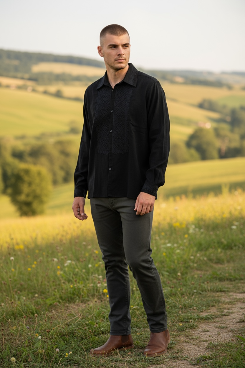 Men’s Linen Black Vyshyvanka With Traditional Embroidery Long Sleeve