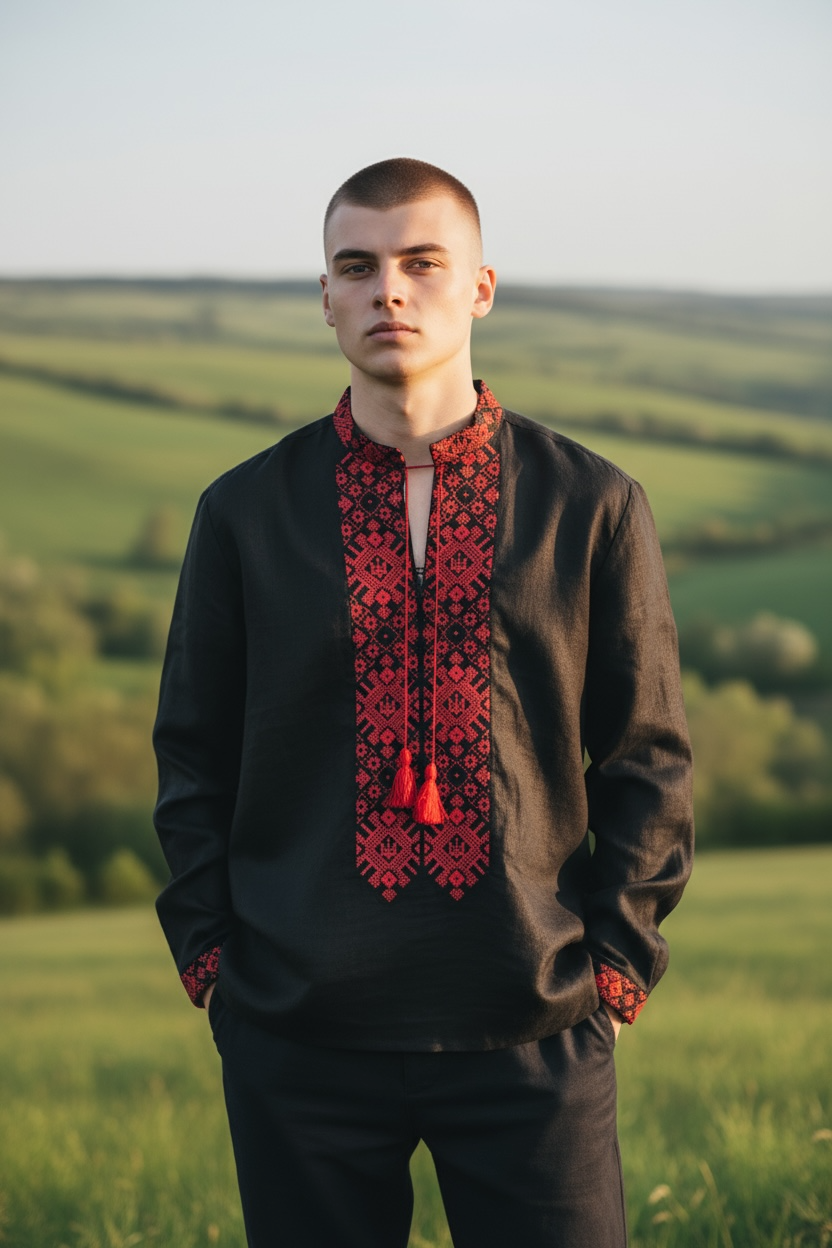 Men’s Linen Black Vyshyvanka With Traditional Embroidery Long Sleeve