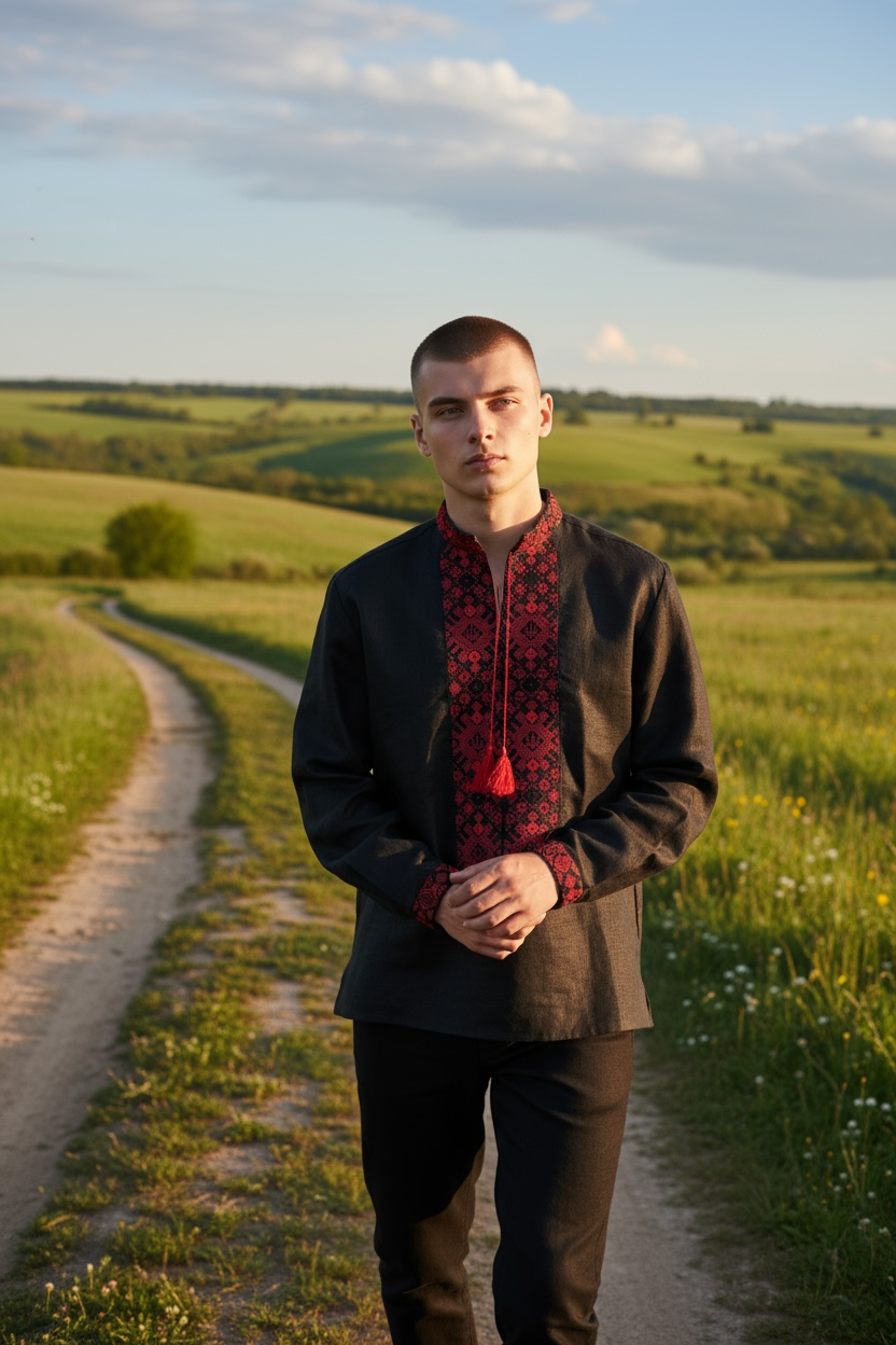 Men’s Linen Black Vyshyvanka With Traditional Embroidery Long Sleeve