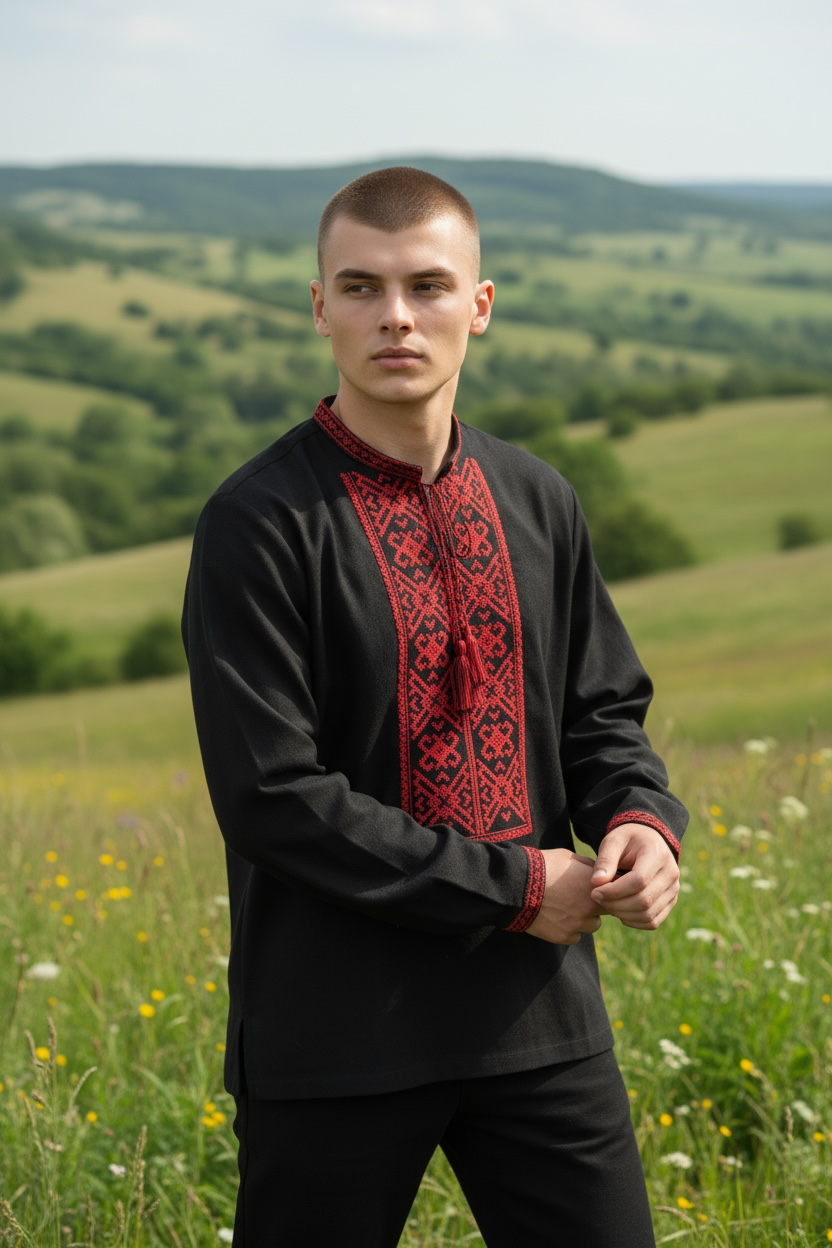 Men’s Linen Black Vyshyvanka With Traditional Embroidery Long Sleeve