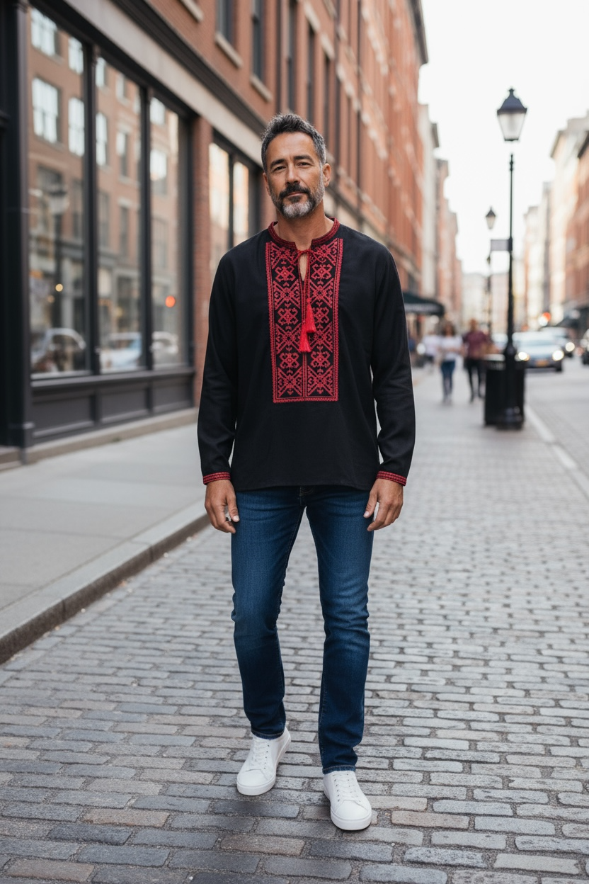 Men’s Linen Black Vyshyvanka With Traditional Embroidery Long Sleeve