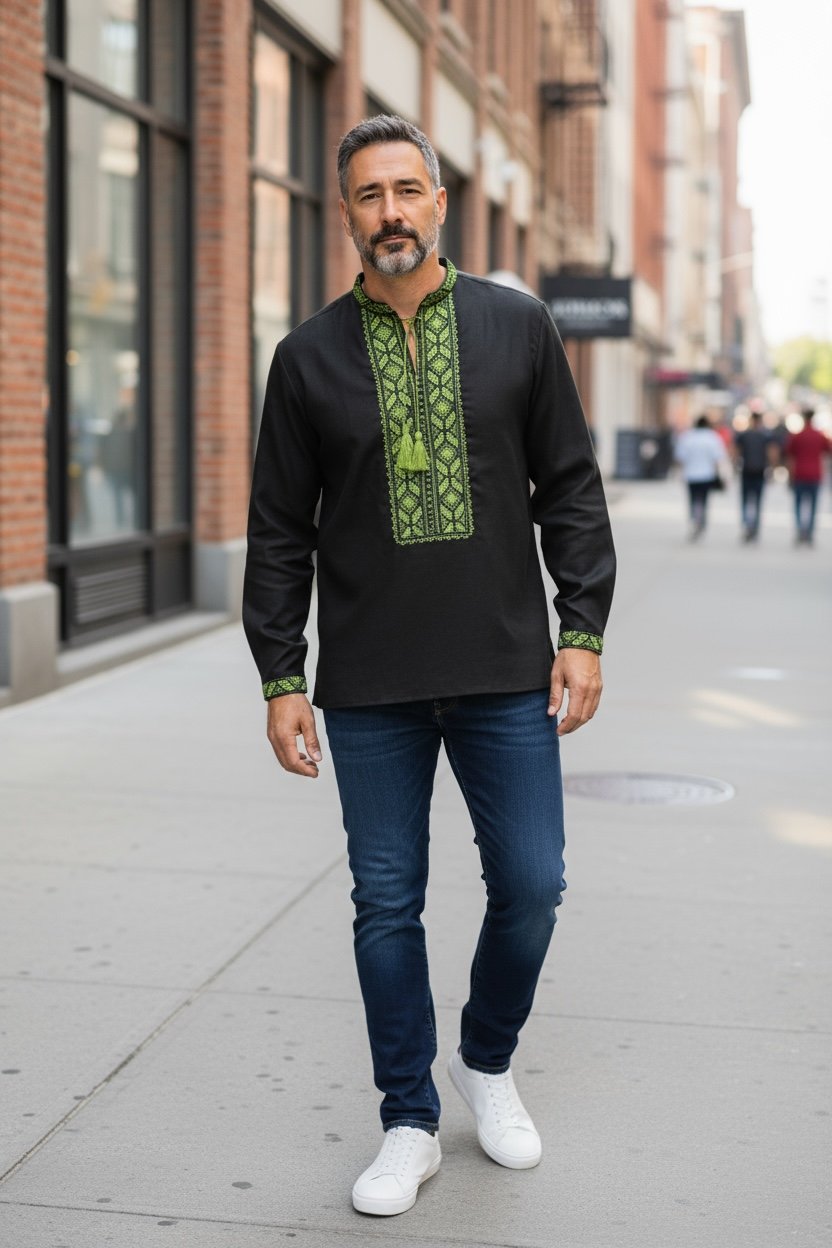Men’s Linen Black Vyshyvanka With Traditional Embroidery Long Sleeve