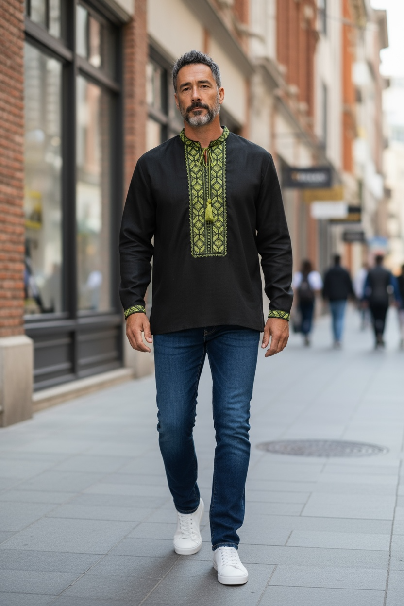 Men’s Linen Black Vyshyvanka With Traditional Embroidery Long Sleeve