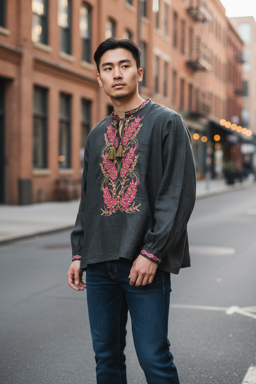 Men’s Linen Black Vyshyvanka “Kolosok” With Traditional Embroidery Long Sleeve