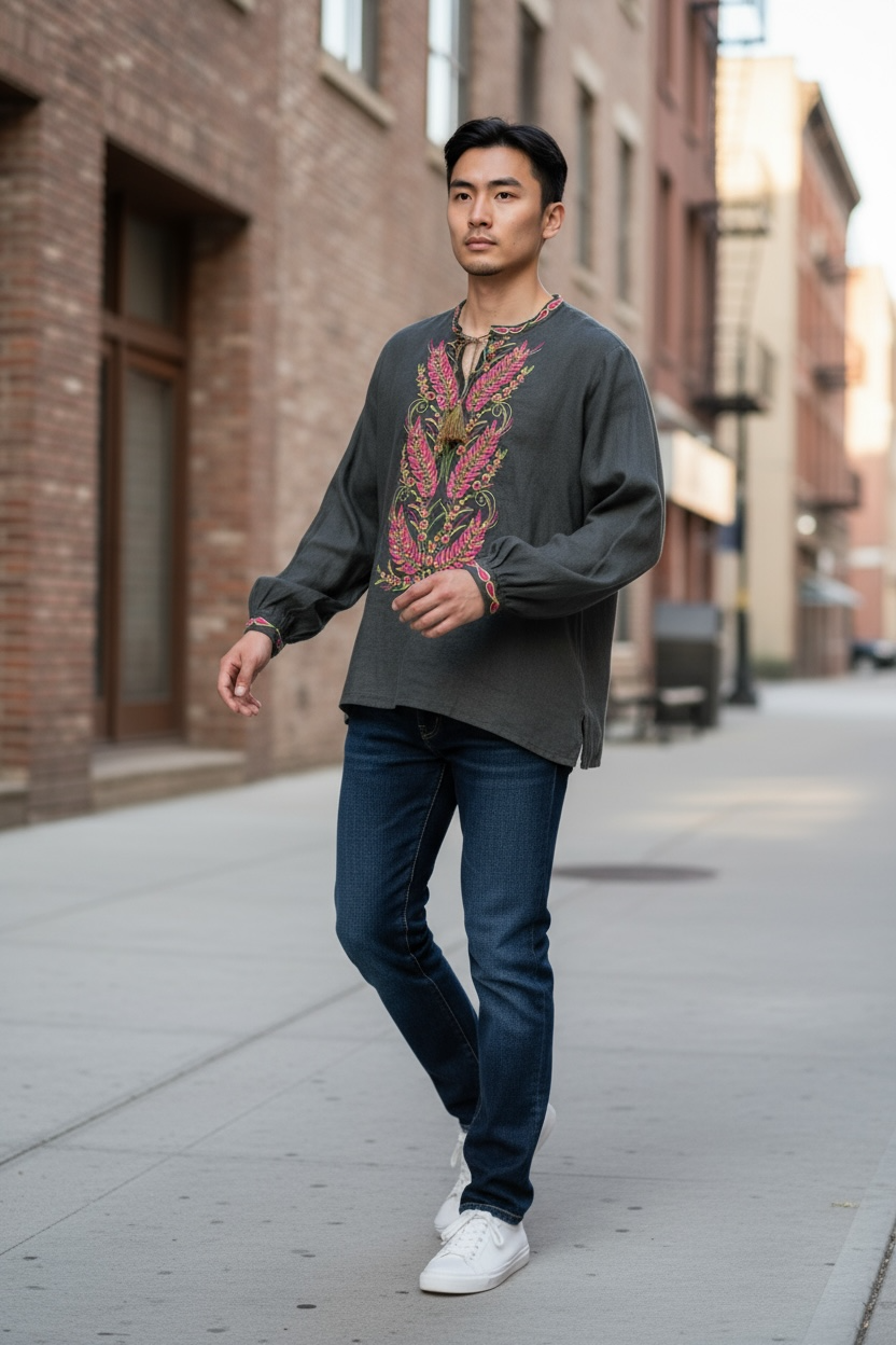 Men’s Linen Black Vyshyvanka “Kolosok” With Traditional Embroidery Long Sleeve
