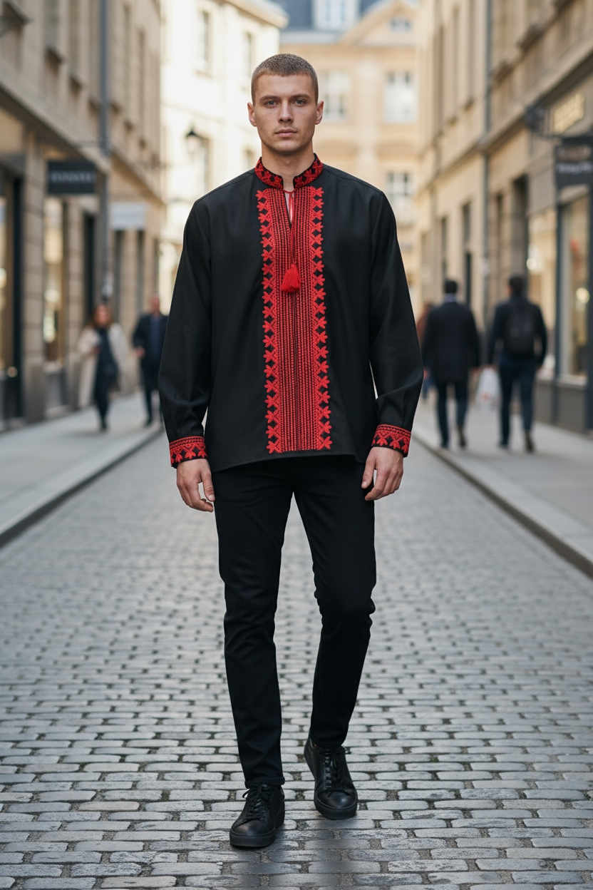 Men’s Black Vyshyvanka With Traditional Embroidery Long Sleeve