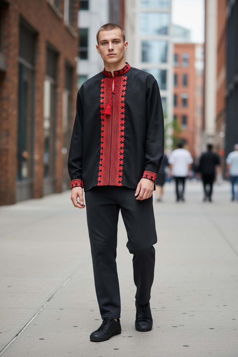 Men’s Black Vyshyvanka With Traditional Embroidery Long Sleeve