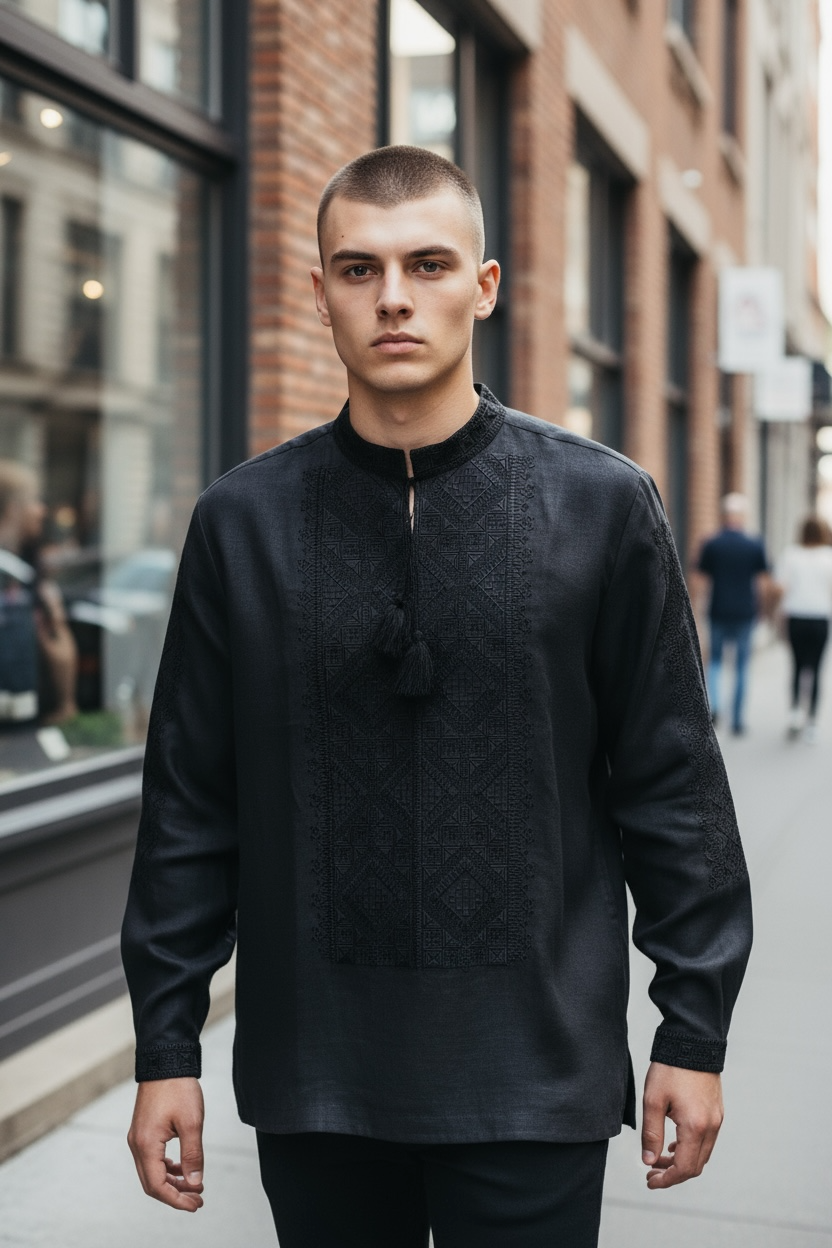 Men’s Linen Black Vyshyvanka With Traditional Embroidery Long Sleeve