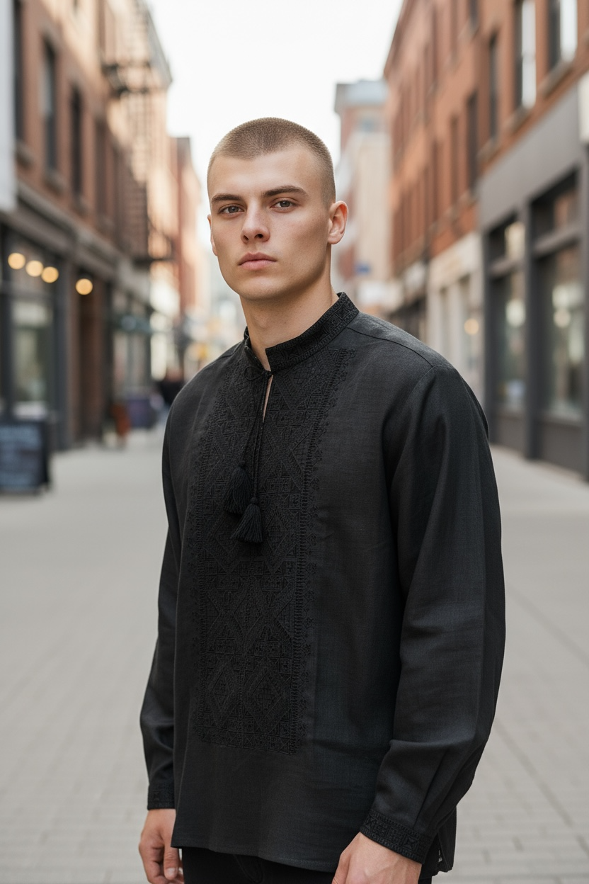Men’s Linen Black Vyshyvanka With Traditional Embroidery Long Sleeve