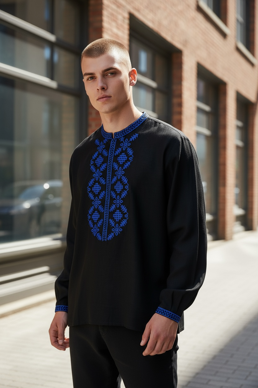 Men’s Linen Black Vyshyvanka With Traditional Embroidery Long Sleeve