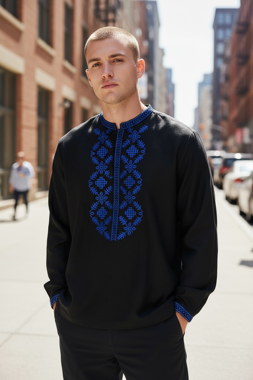 Men’s Linen Black Vyshyvanka With Traditional Embroidery Long Sleeve