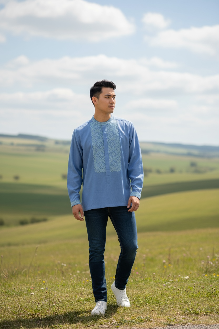 Men’s Blue Vyshyvanka With Traditional Embroidery Long Sleeve