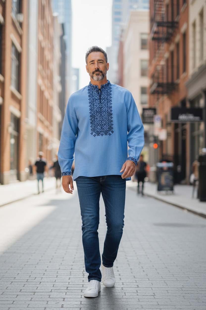 Men’s Blue Vyshyvanka With Traditional Embroidery Long Sleeve