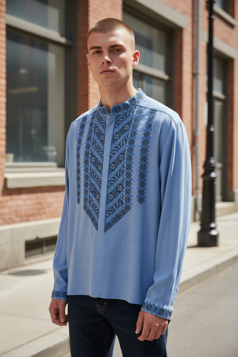 Men’s Dark Blue Vyshyvanka With Traditional Embroidery Long Sleeve