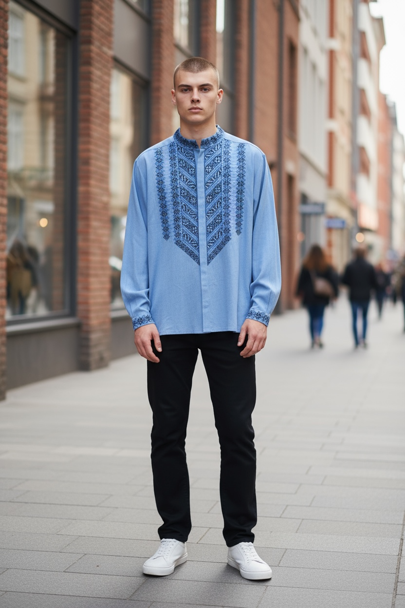 Men’s Dark Blue Vyshyvanka With Traditional Embroidery Long Sleeve