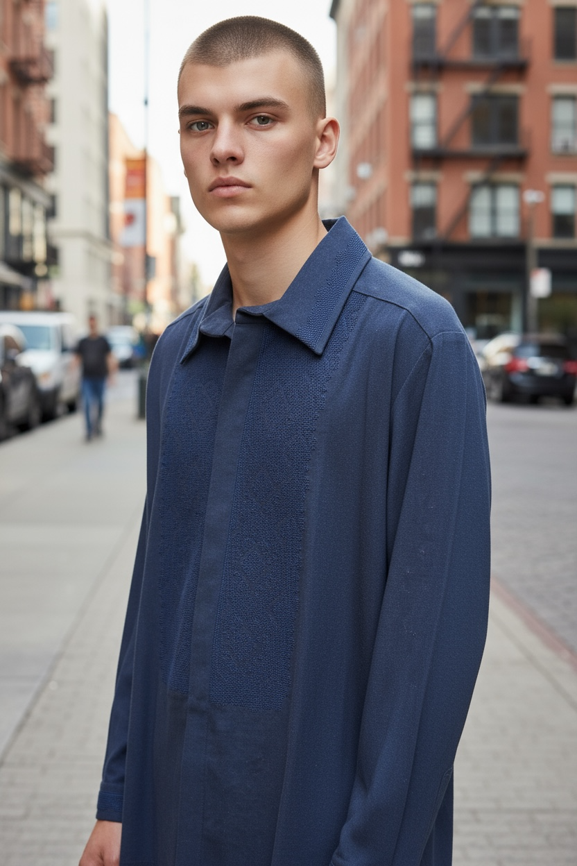 Men’s Dark Blue Vyshyvanka With Traditional Embroidery Long Sleeve