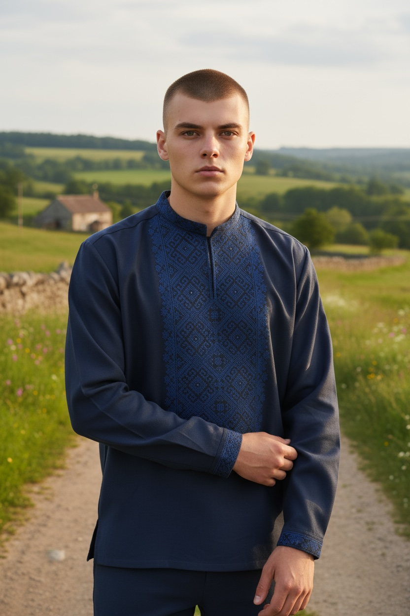 Men’s Dark Blue Vyshyvanka With Traditional Embroidery Long Sleeve