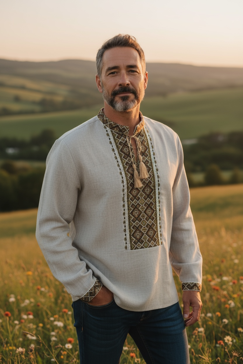 Men’s Vyshyvanka Linen Hand Embroidery In Ukrainian Traditions Long Sleeve