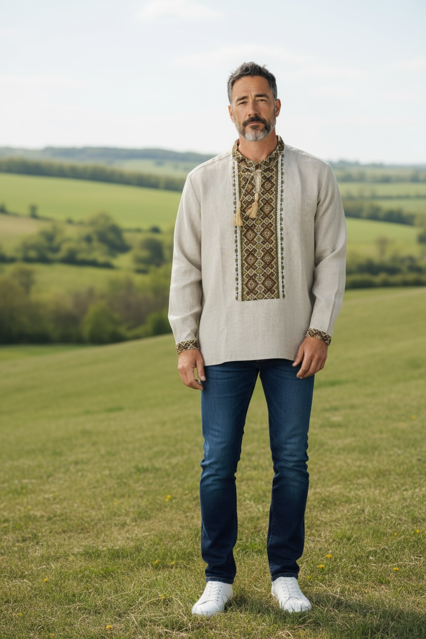 Men’s Vyshyvanka Linen Hand Embroidery In Ukrainian Traditions Long Sleeve