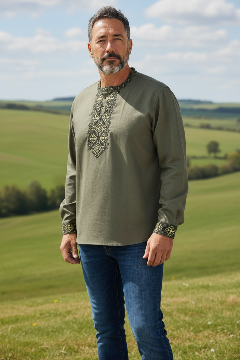 Men’s Green Vyshyvanka With Traditional Embroidery Long Sleeve