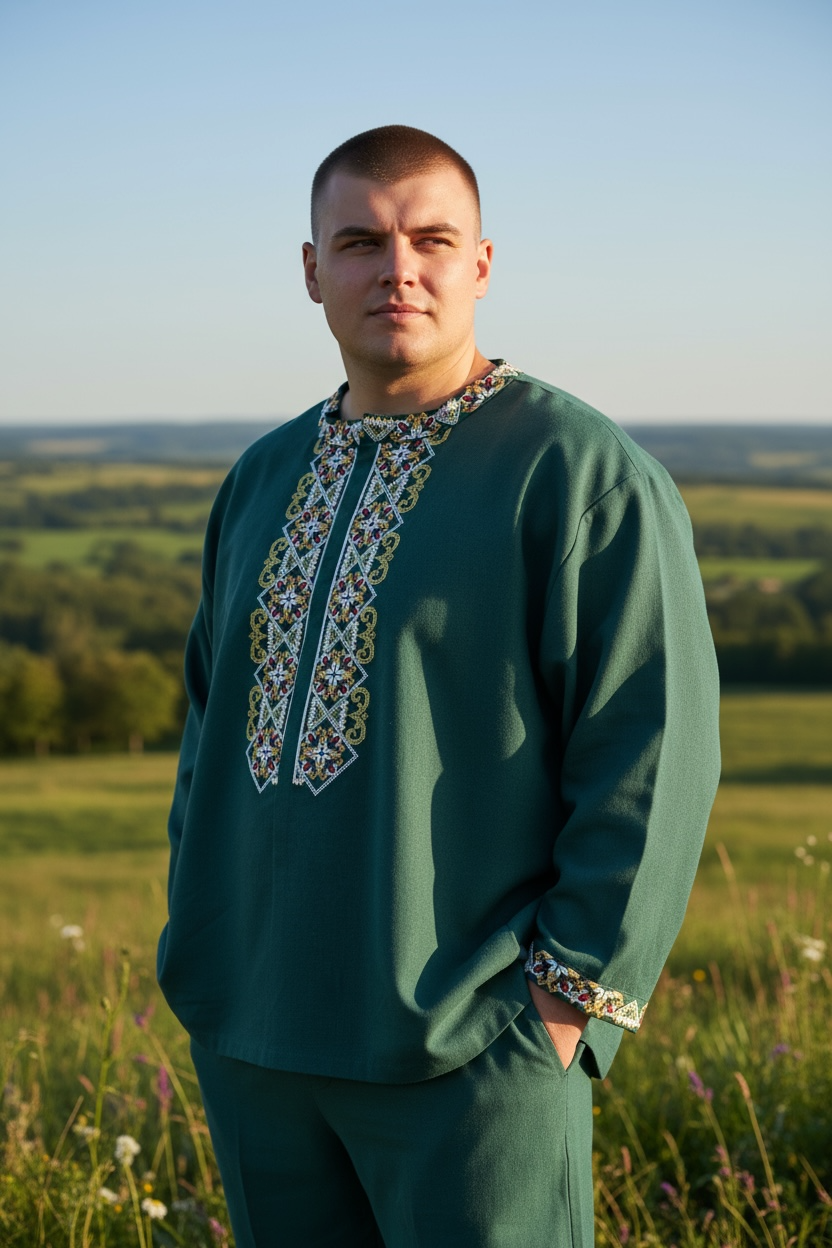 Men’s Green Vyshyvanka With Traditional Embroidery Long Sleeve