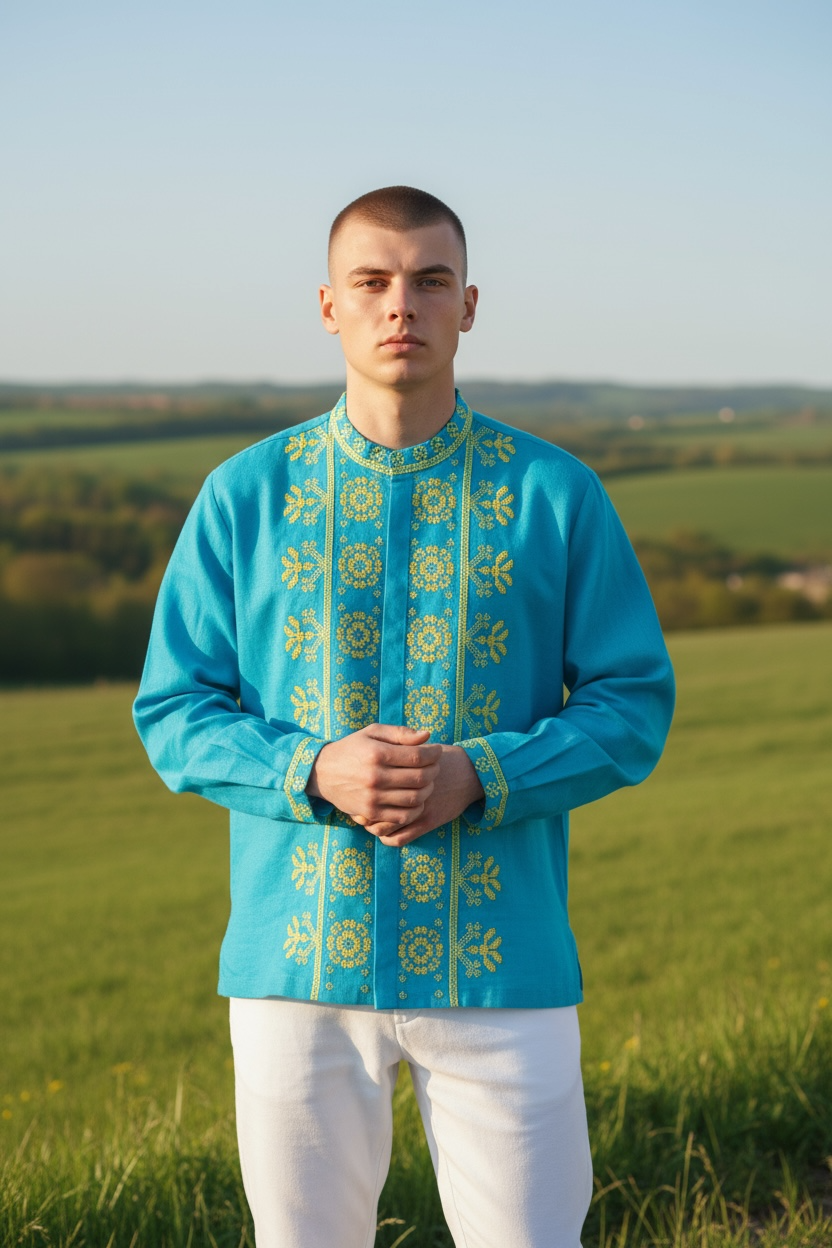 Men’s Blue Vyshyvanka “Patriotic” With Traditional Embroidery Long Sleeve