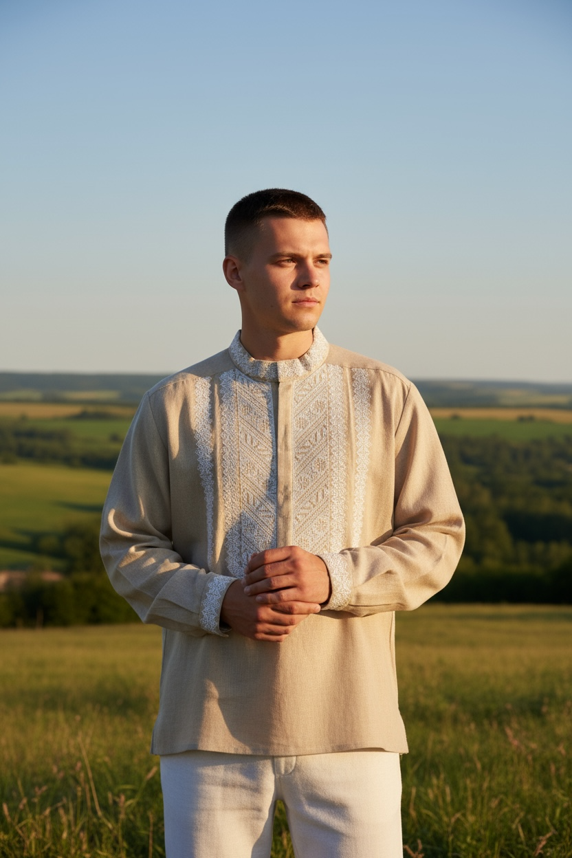 Men’s Beige Vyshyvanka With Traditional Embroidery Long Sleeve