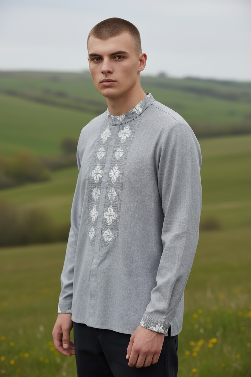 Men’s Gray Vyshyvanka With Traditional Embroidery Long Sleeve