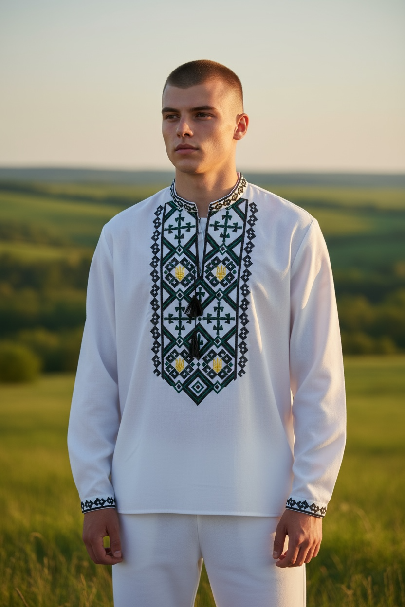 Men’s White Vyshyvanka With Traditional Embroidery Long Sleeve