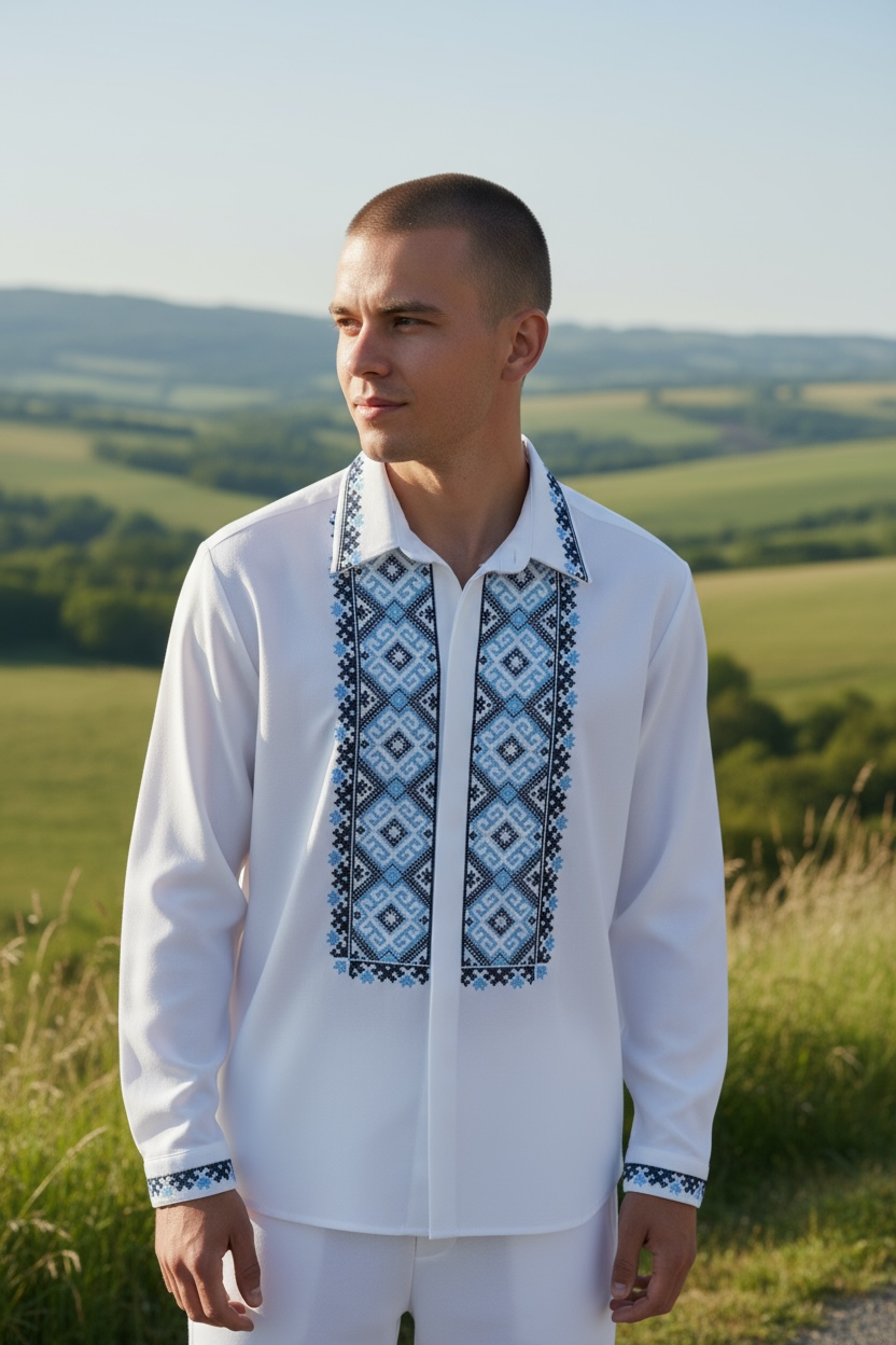 Men’s White Vyshyvanka With Traditional Embroidery Long Sleeve
