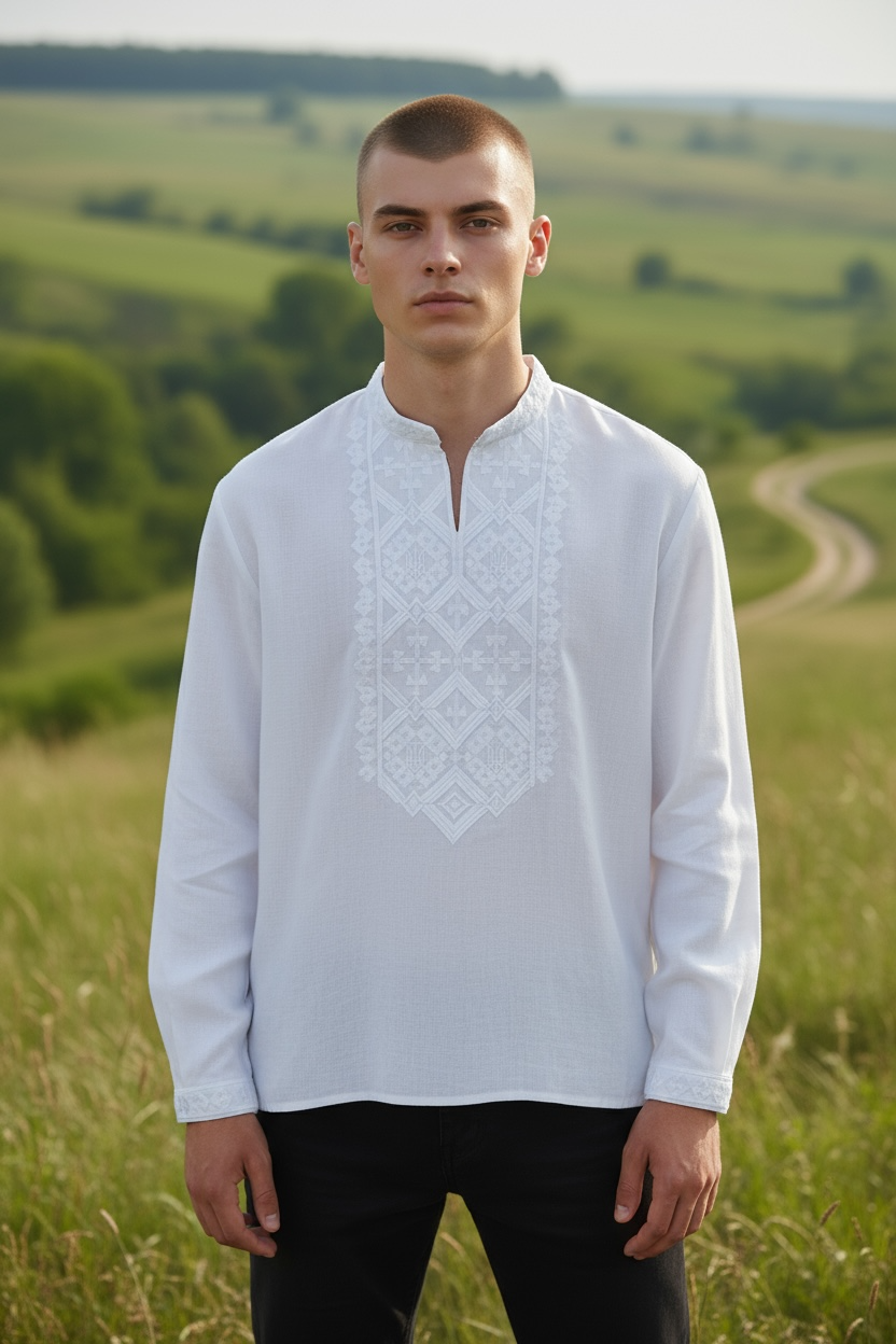 Men’s White Vyshyvanka With Traditional Embroidery Long Sleeve