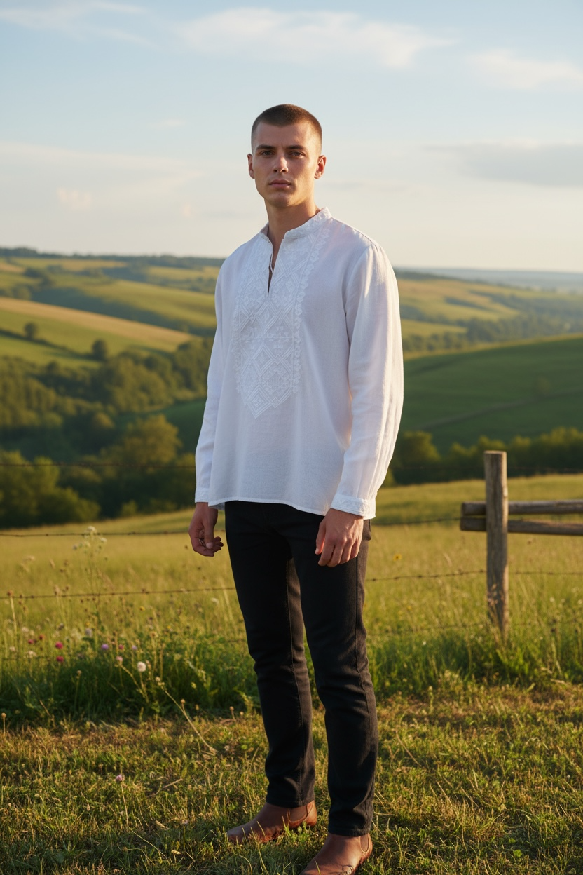 Men’s White Vyshyvanka With Traditional Embroidery Long Sleeve