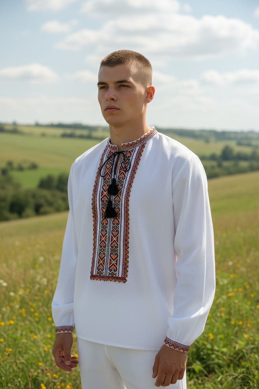 Men’s White Vyshyvanka Hand Embroidery In Ukrainian Traditions Long Sleeve