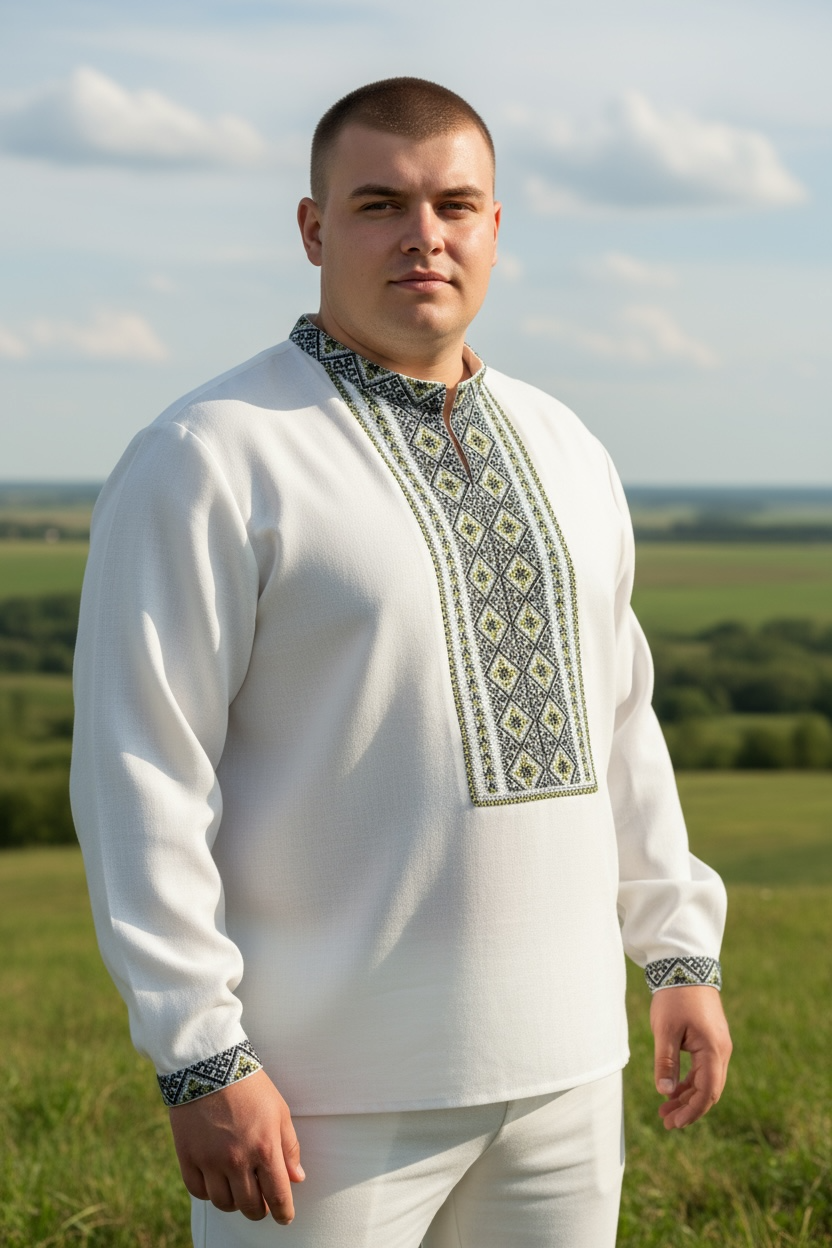 Men’s White Vyshyvanka Hand Embroidery In Ukrainian Traditions Long Sleeve