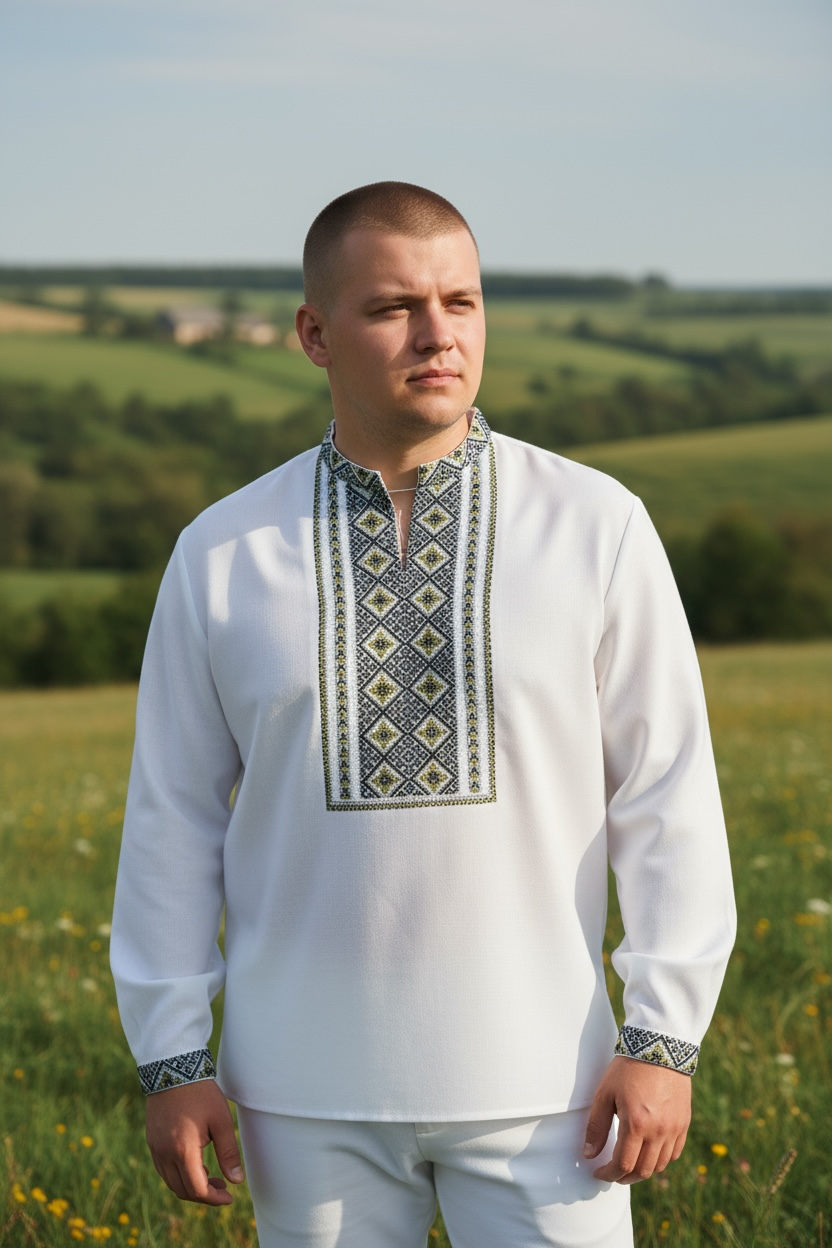 Men’s White Vyshyvanka Hand Embroidery In Ukrainian Traditions Long Sleeve