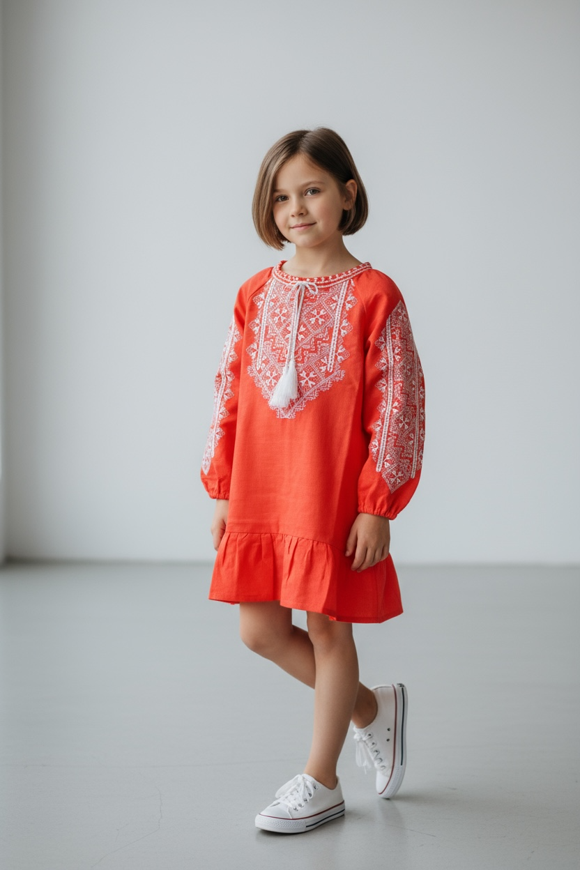 Girls Orange Linen Vyshyvanka Dress Long Sleeve In Ukrainian Traditions