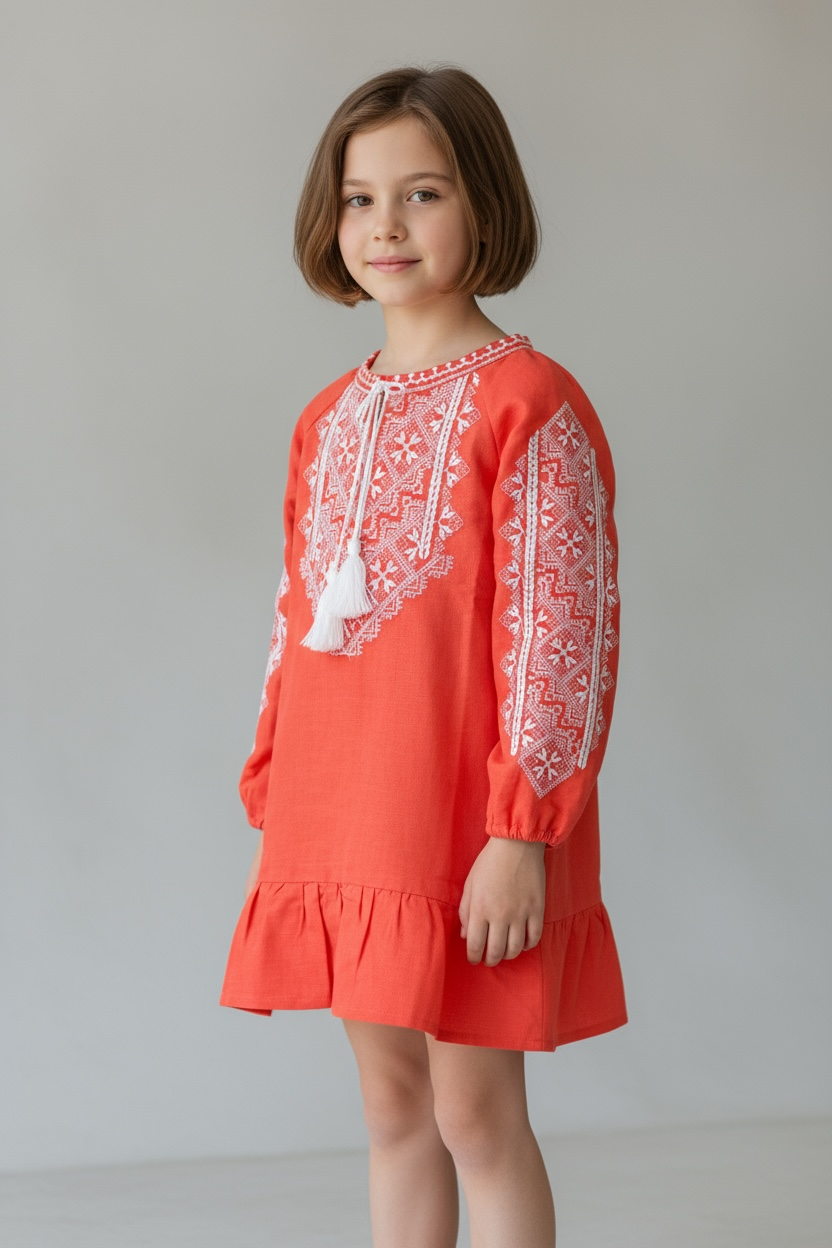 Girls Orange Linen Vyshyvanka Dress Long Sleeve In Ukrainian Traditions