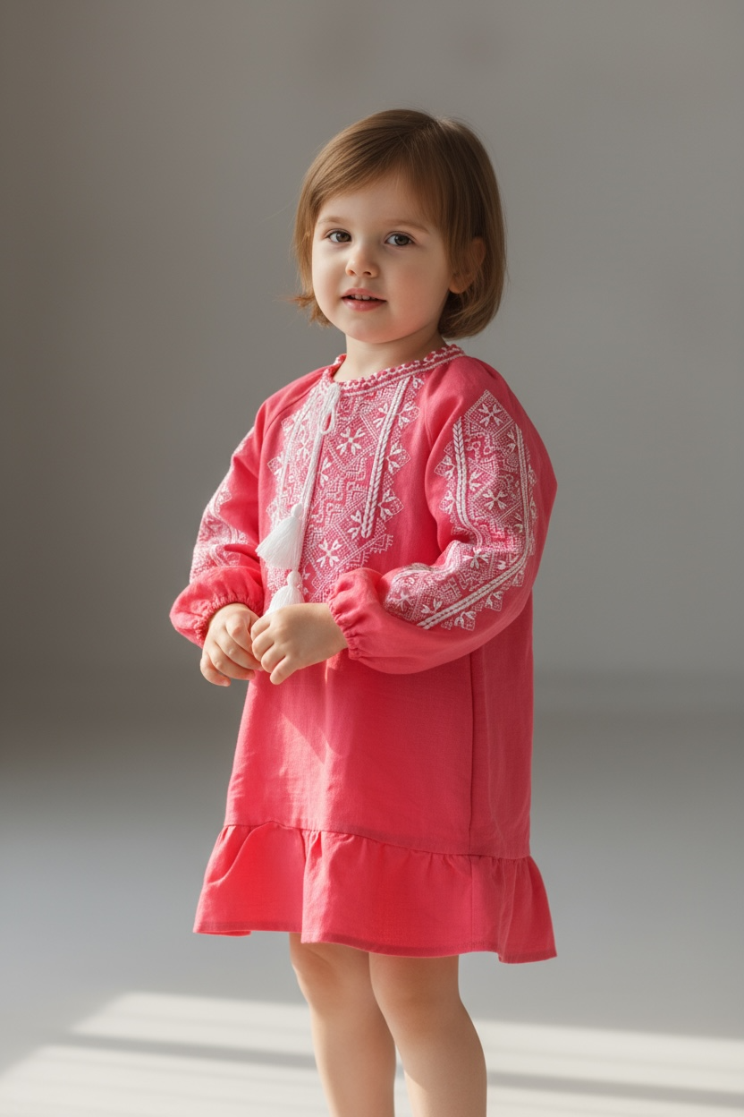 Girls Pink Linen Vyshyvanka Dress Long Sleeve In Ukrainian Traditions