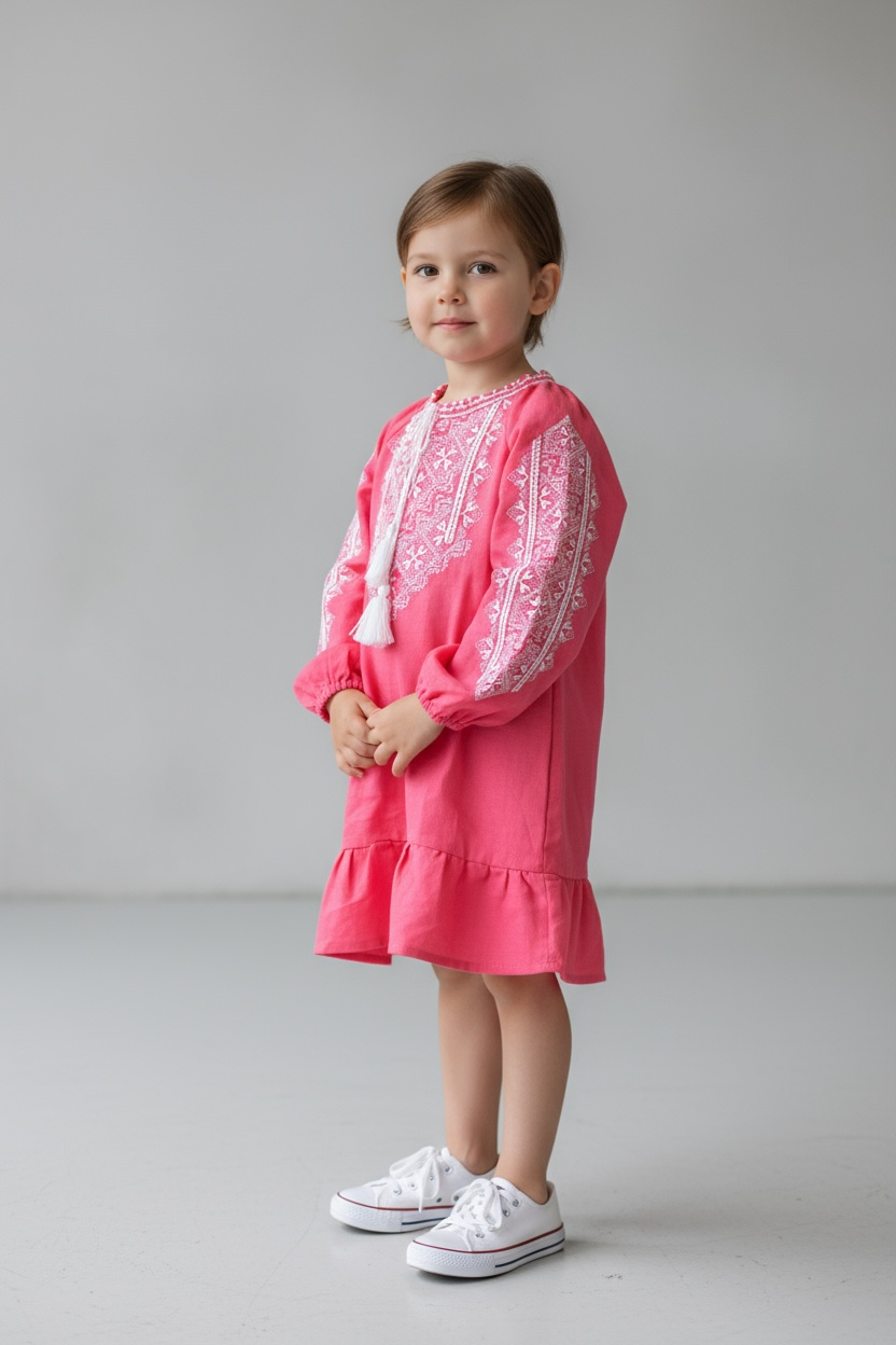 Girls Pink Linen Vyshyvanka Dress Long Sleeve In Ukrainian Traditions