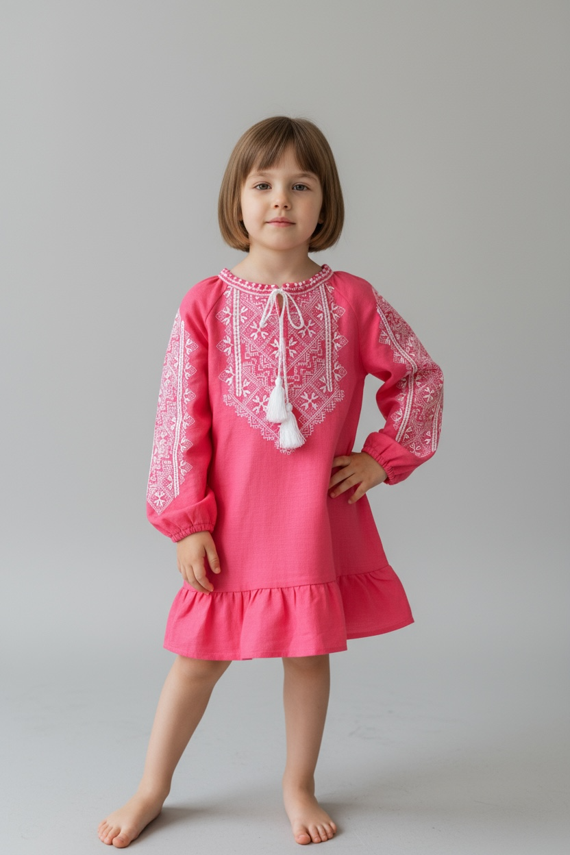 Girls Pink Linen Vyshyvanka Dress Long Sleeve In Ukrainian Traditions