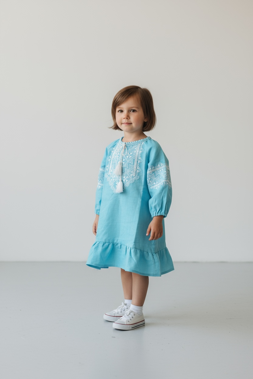 Girls Blue Linen Vyshyvanka Dress Long Sleeve In Ukrainian Traditions