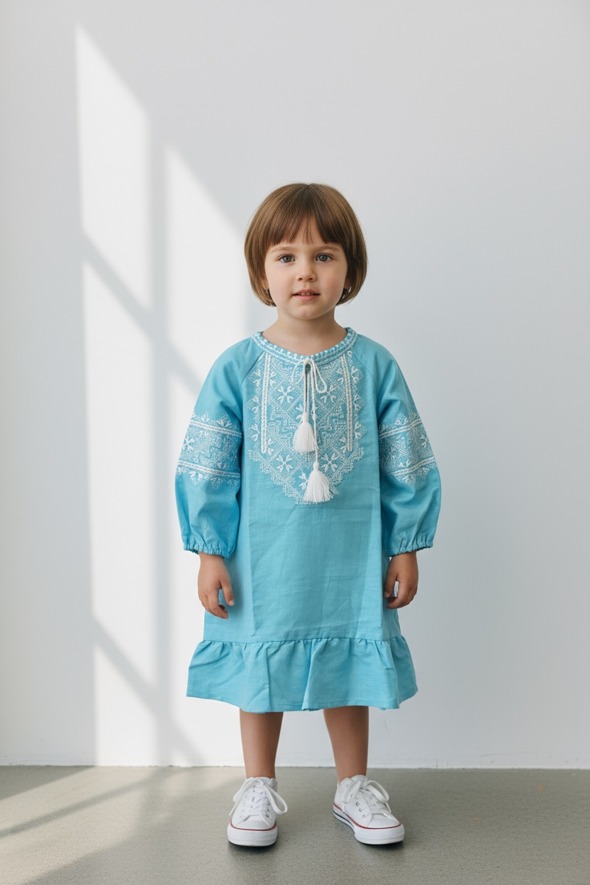 Girls Blue Linen Vyshyvanka Dress Long Sleeve In Ukrainian Traditions