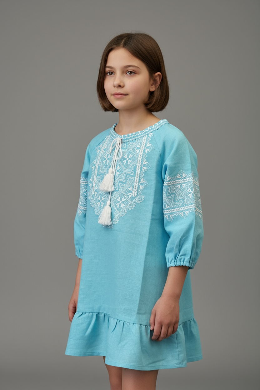 Girls Blue Linen Vyshyvanka Dress Long Sleeve In Ukrainian Traditions