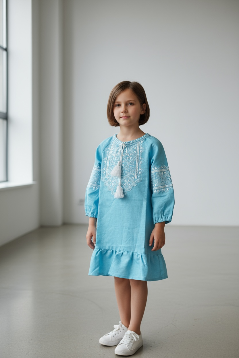 Girls Blue Linen Vyshyvanka Dress Long Sleeve In Ukrainian Traditions