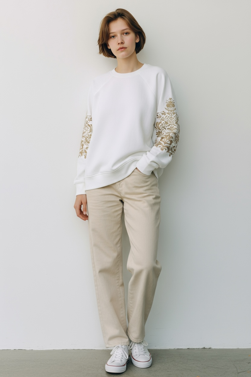 Cream Kids’ Sweatshirt With Embroidery